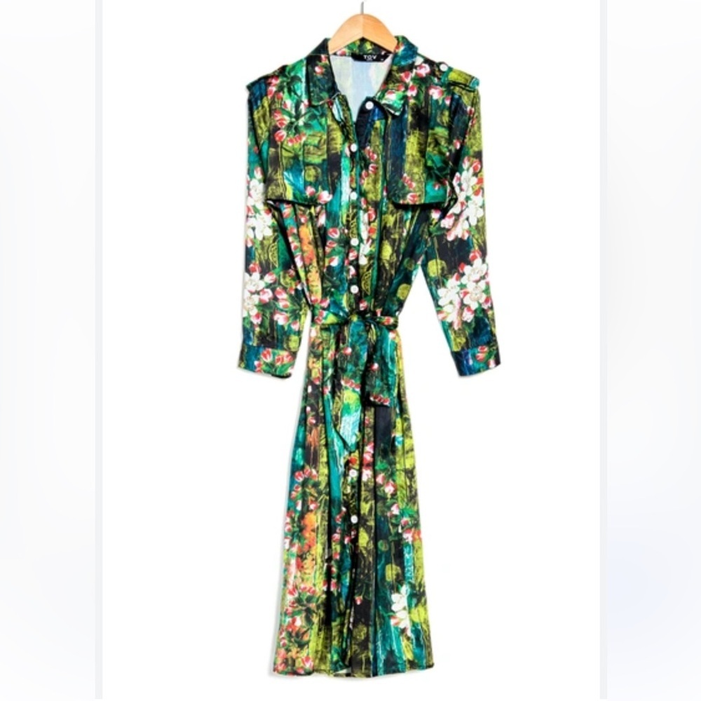 Tov Noir pleated maxi button down Dress green